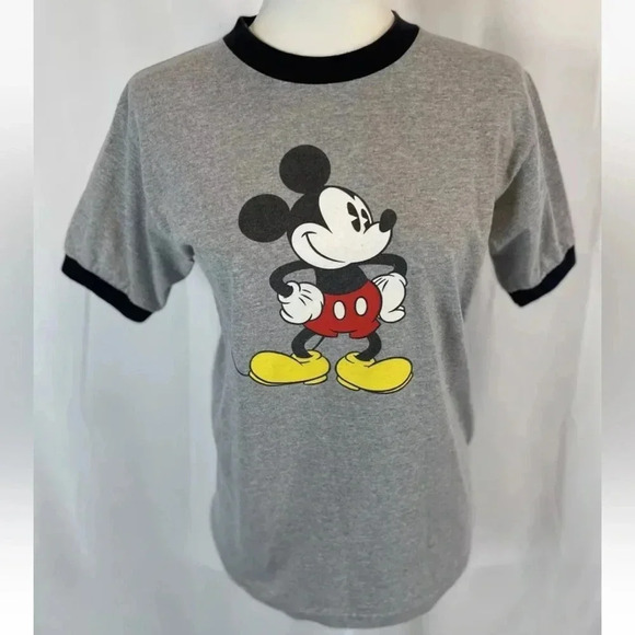 VTG Disney Store Mickey Mouse Ringer Distressed Gray Heather T-Shirt Size S Y2K - Picture 1 of 14